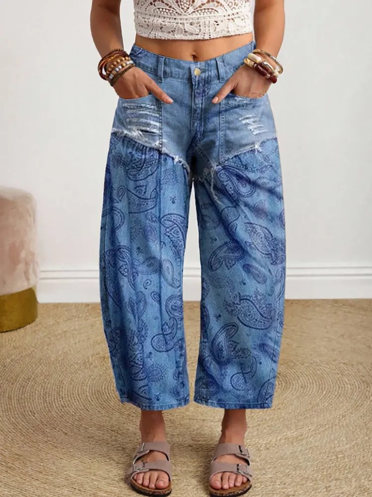 Women's Bohemian Paisley Floral Art Print Casual Cotton Pants With Pockets