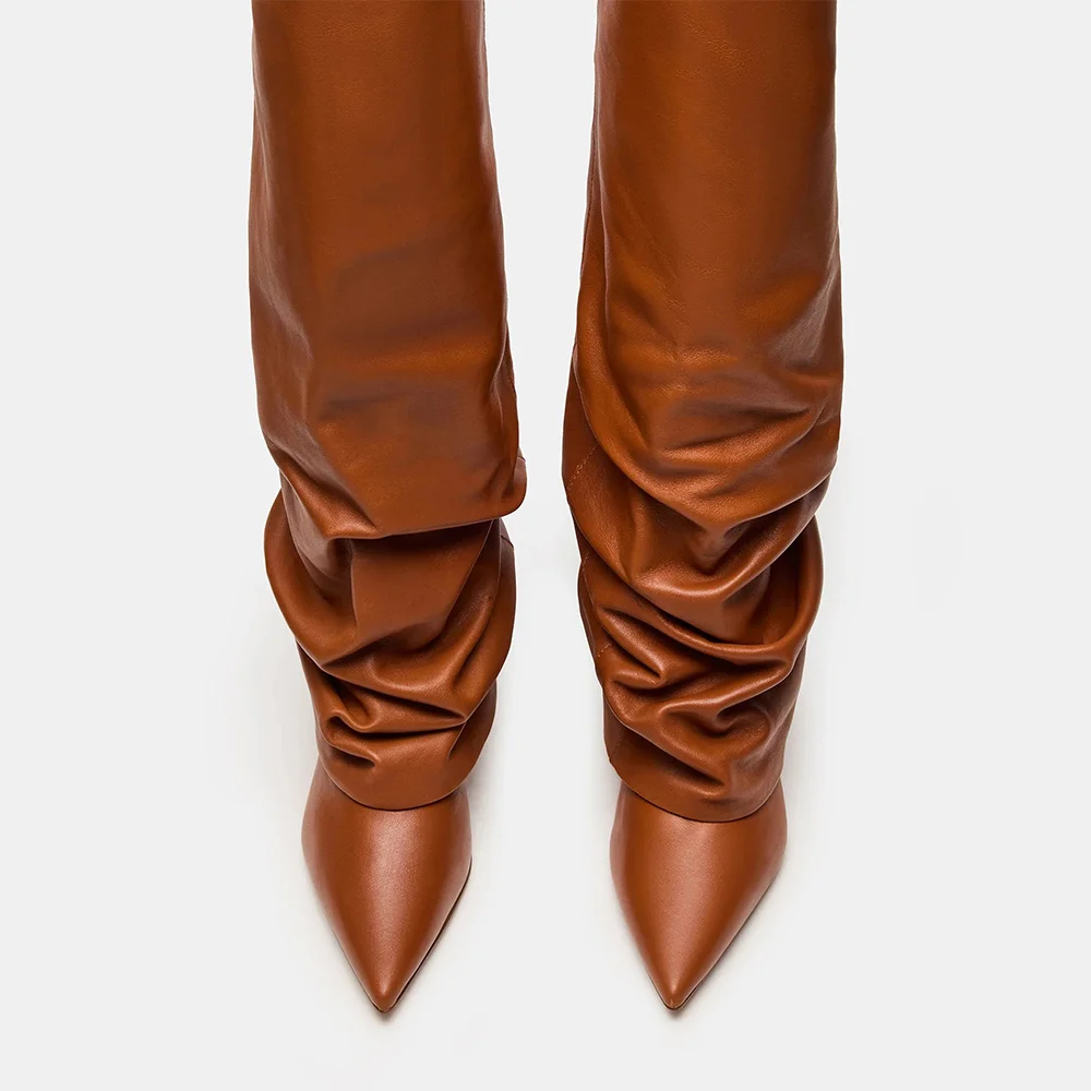 Tan Pointed Toe Stiletto Heel Fold Over Slouch Boots for Women