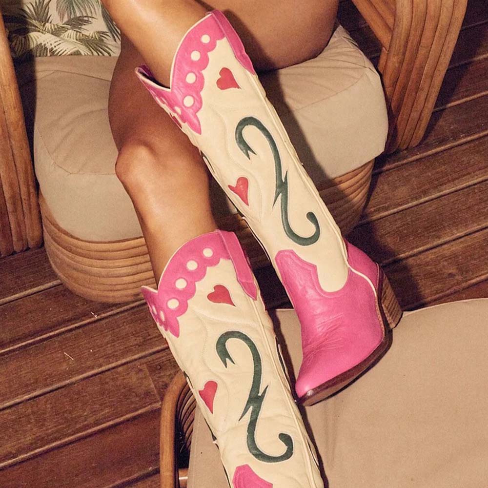 Pink and Ivory Pointed Toe Chunky Heel Vine Heart Inlay Western Boots Nicepairs