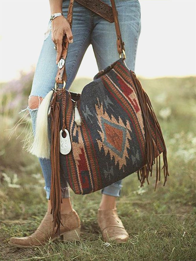 Vintage Woven Tassel Shoulder Bag