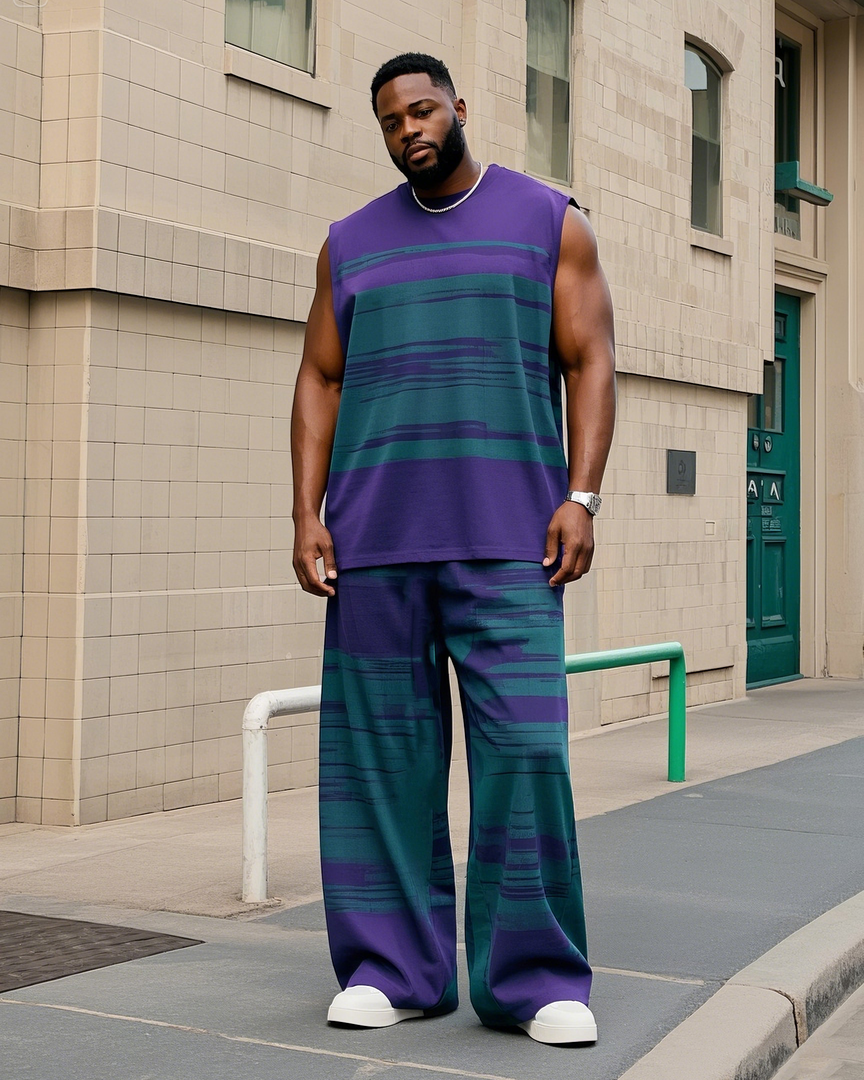 Big Boy's Irregular Stripe Creative Print Colorblock Tank Trousers Suit