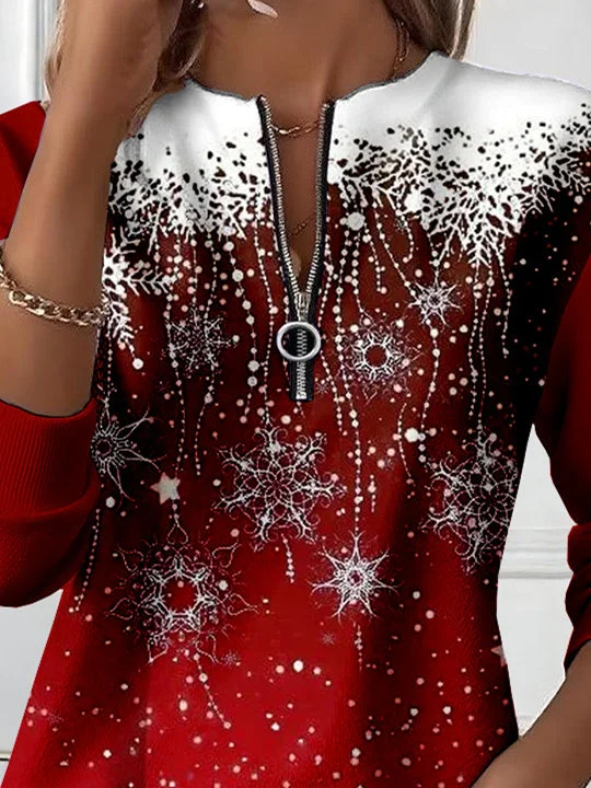 Women Long Sleeve Scoop Neck Snowflake Printed Graphic Zipper Tops