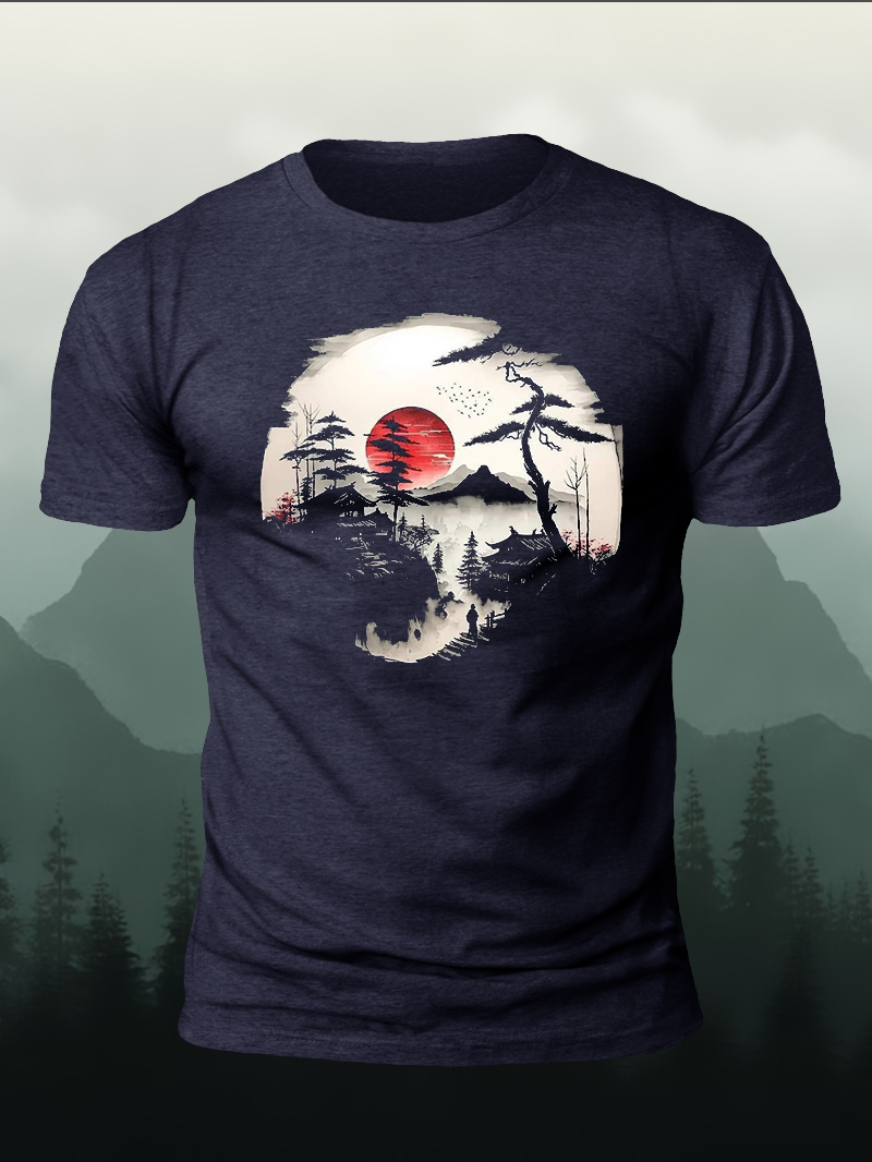 Men's Ink Landscape Print Casual Short Sleeve T-shirt