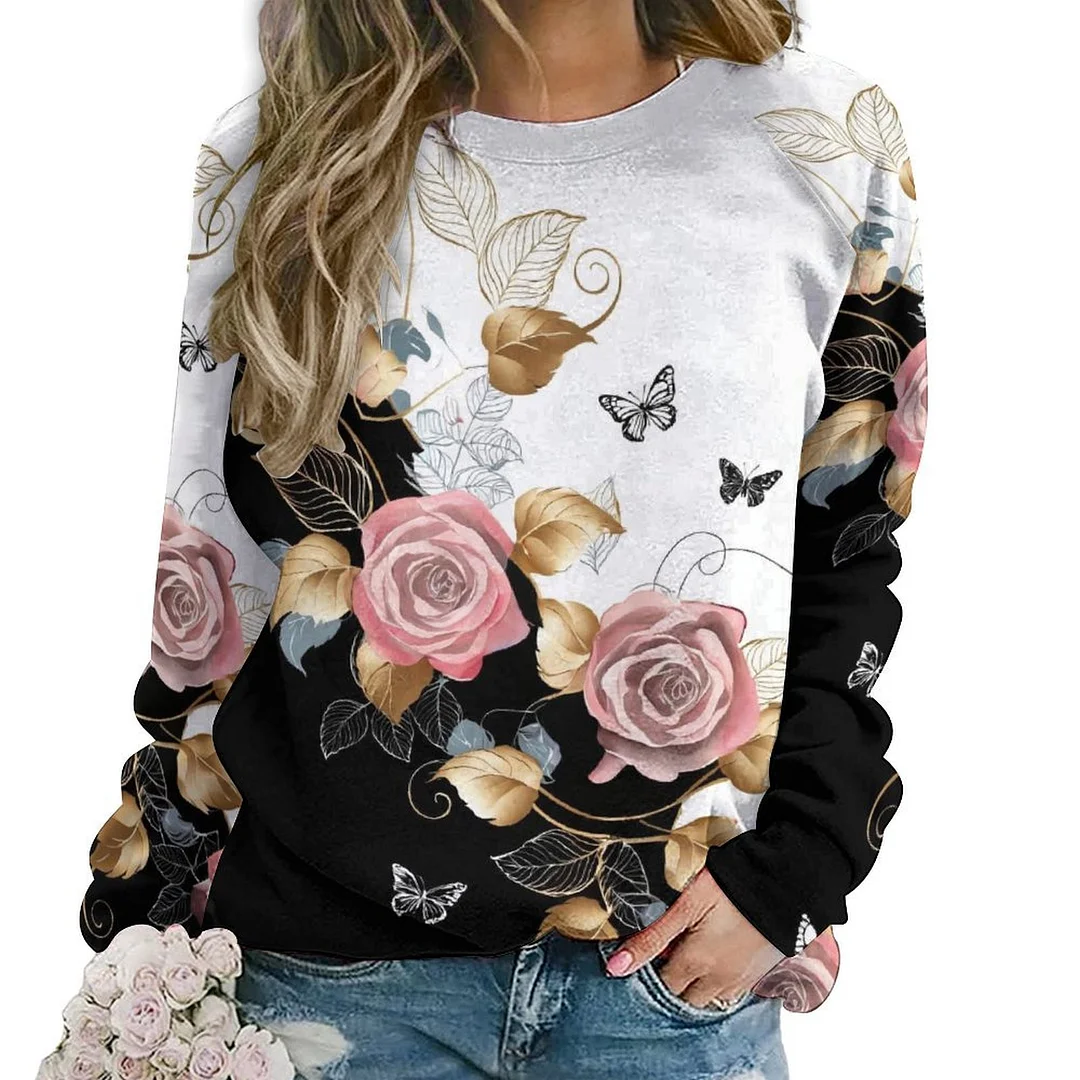 Printed Long Sleeve Casual Sweatshirt for  Women and Men Unisex Pattern Floral, Golden, Black, Pink
