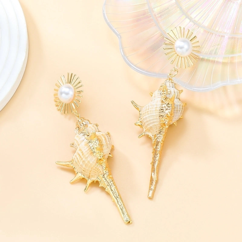 1 Pair Elegant Hawaiian Vacation SUNFLOWER (Jz001) Conch Inlay Alloy Imitation Pearl Shell Drop Earrings