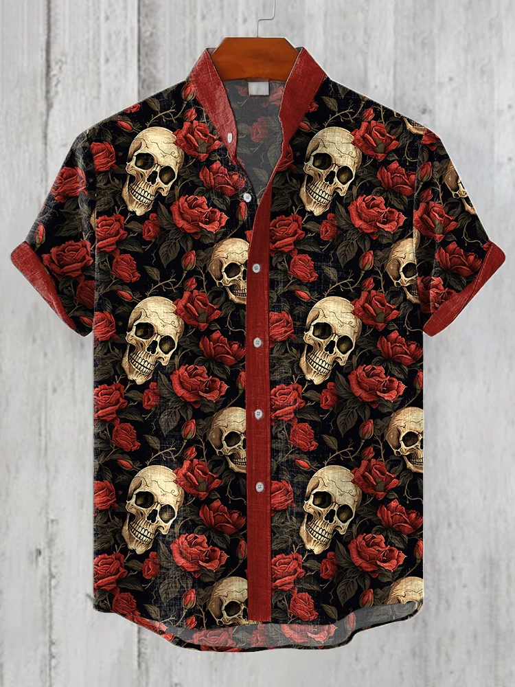 Men's Rose & Skull Linen Blend Vintage Shirt