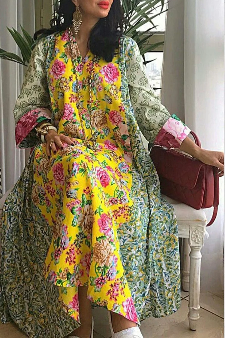 Colorful Floral Print V Neck Patchwork Long Sleeve Loose-Fit Maxi Dresses