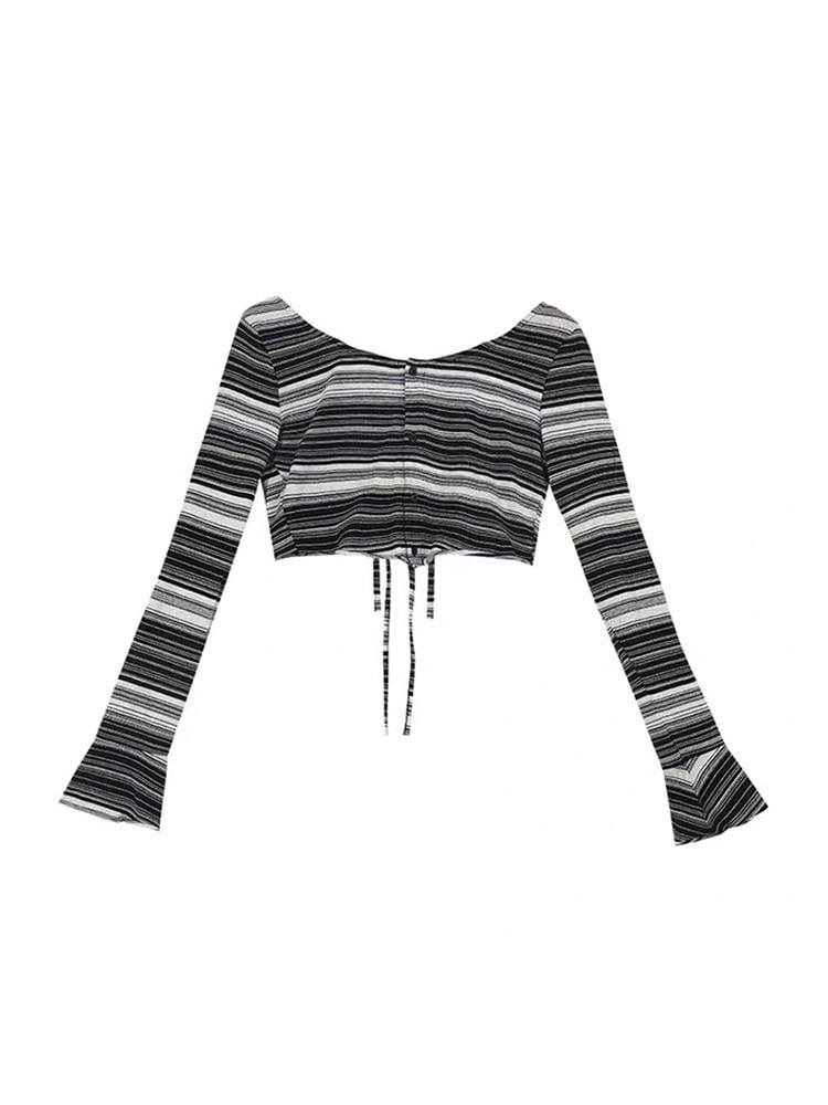 Y2k Harajuku Gothic Punk E-girl Fashion Stripe Crop Tops Women Club Party Slim Sexy Long Sleeve T Shirt Spring Summer Tee Design