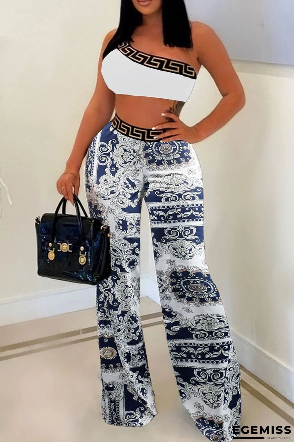 White Sexy Print Patchwork Oblique Collar Two Pieces | EGEMISS