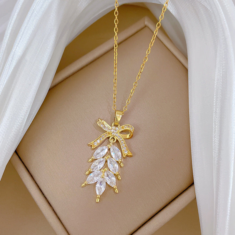 Tassel Bowknot Full Diamond Gorgeous Full Diamond Necklace Women’S Versatile Clavicle Chain Titanium Steel