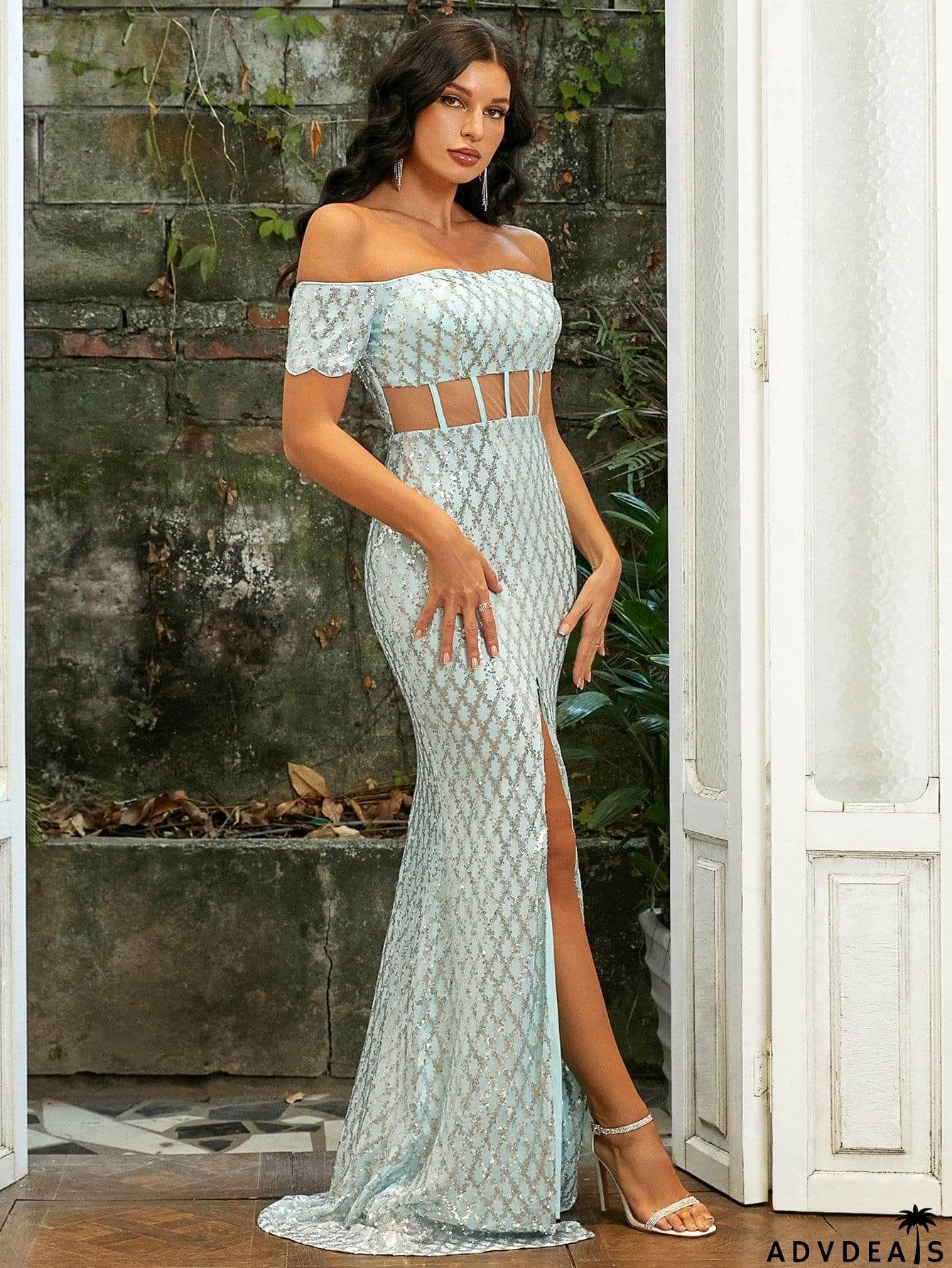 Blue Plaid Sequin Mermaid Corset Evening Dress JMY1072