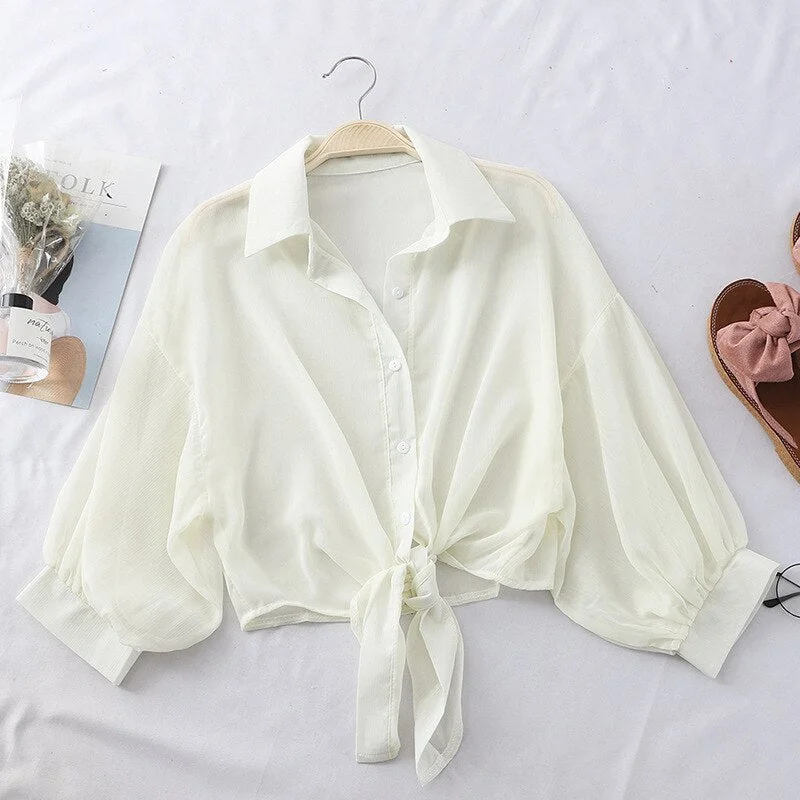 Chiffon Shirts Women 2020 Summer Half Sleeve Buttoned Up Shirt Loose Casual Blouse Tied Waist Elegant Blouses For Women