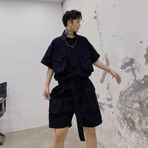 -Japanese Loose-fit Short-sleeved Shorts One-piece Suit-Yamamoto Diablo Clothing