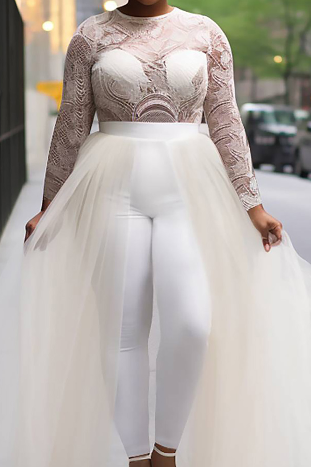 Design Plus Size Party Elegant White Round Neck Long Sleeve See Through Mesh Jumpsuits [Pre-Order]