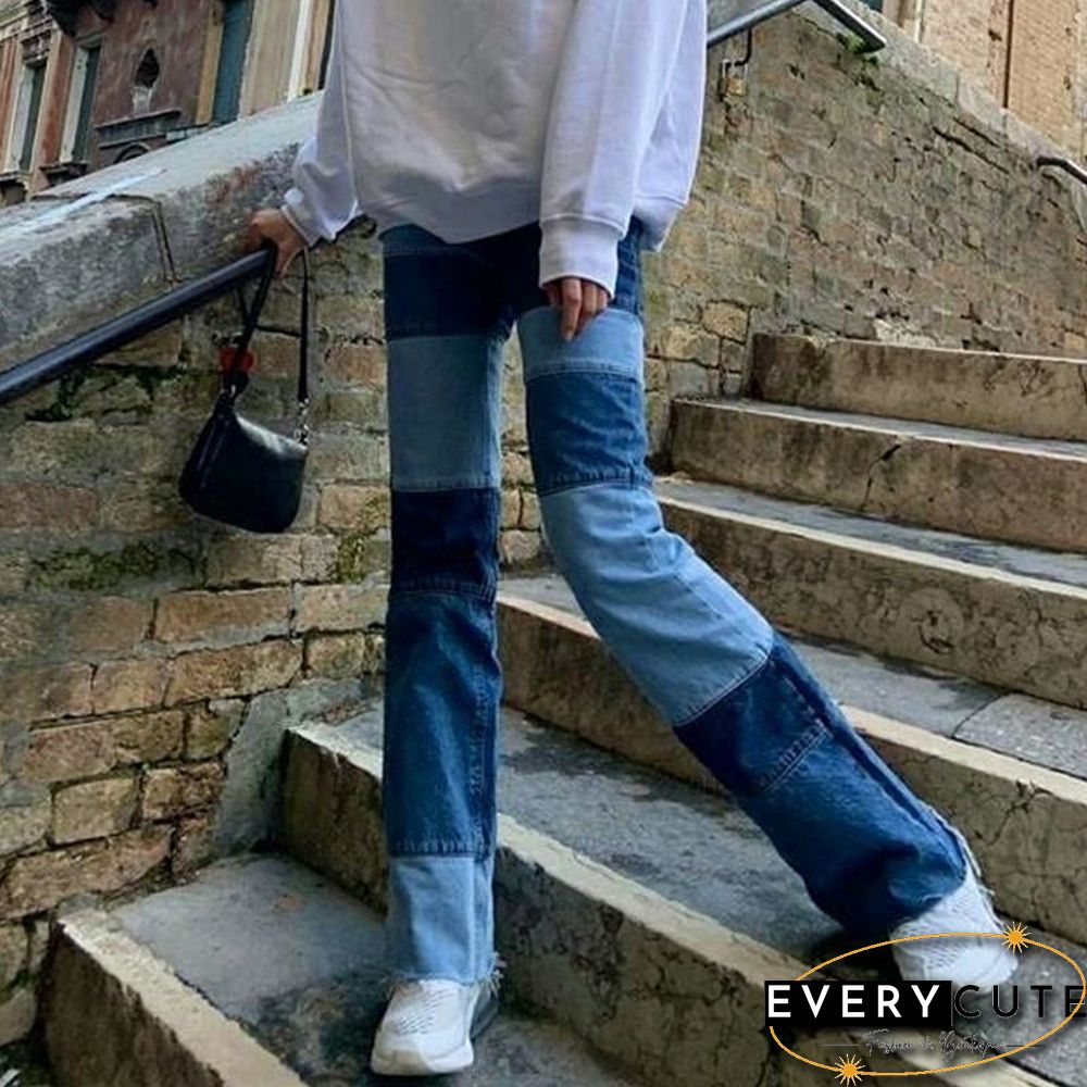 Patchwork Stitch Color Block Slim Fit Straight Leg Jeans Ripped Denim Pants