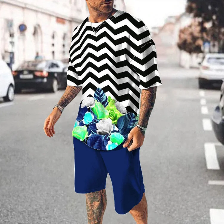 BrosWear Casual Wave-panel Floral Print Crew Neck T-Shirt And Shorts Co-Ord
