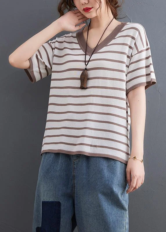 Women Khaki Striped side open Cotton Linen Summer Tops