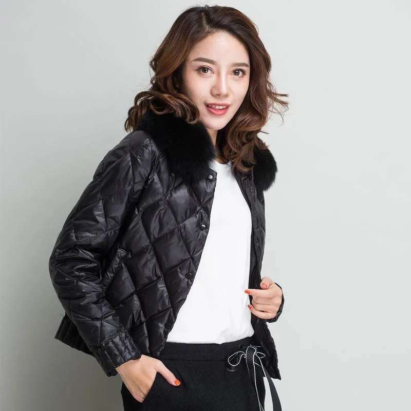FTLZZ Women Real Collar Down Jacket Winter Warm Ultra Light Short Jacket White Duck Down Parka Elegant Coat Outwear