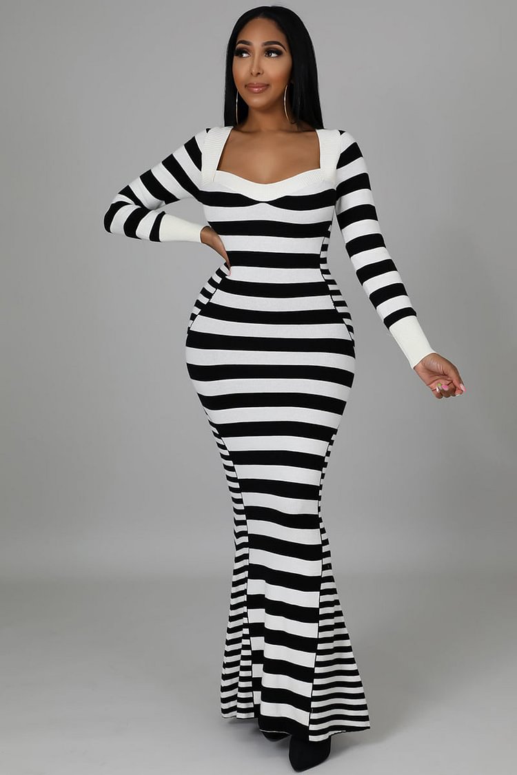 Striped Square Neck Long Sleeve Patchwork Maxi Dresses