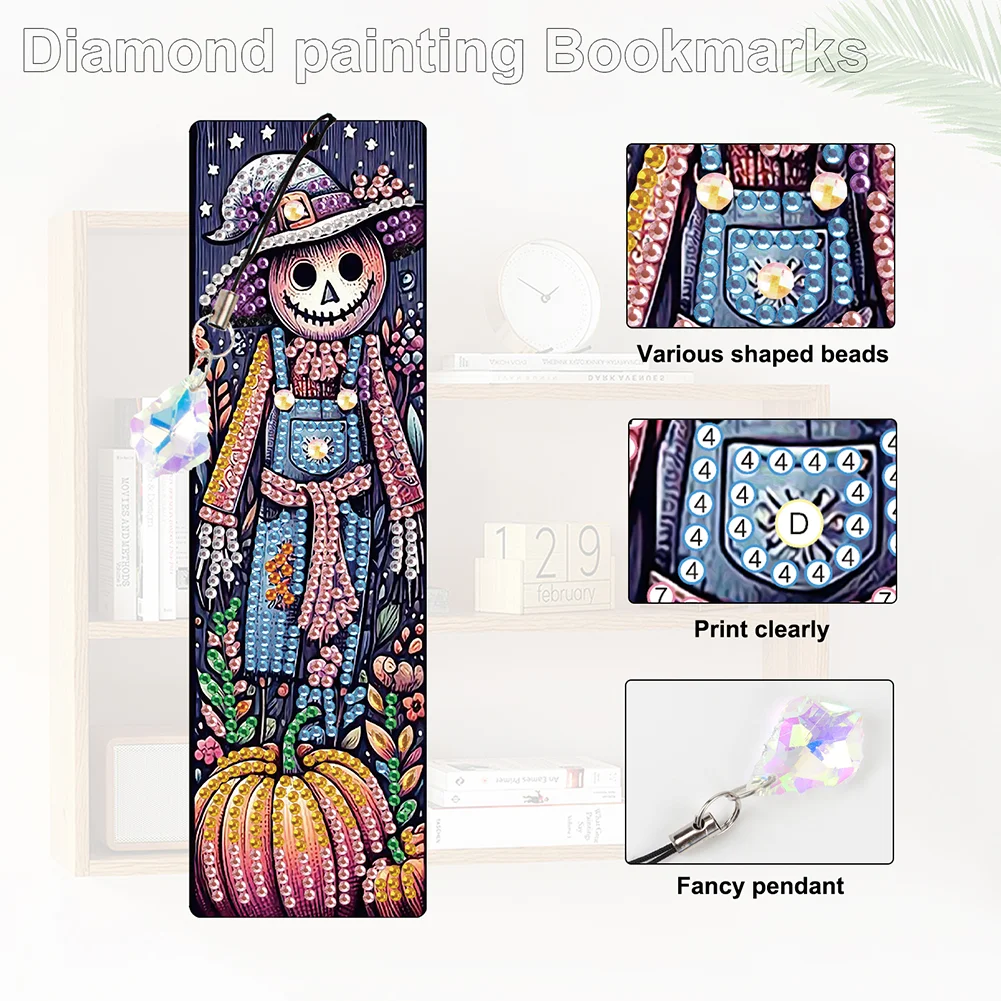 4Pcs Halloween Pumpkin Skull Themed DIY Diamond Painting Bookmark for Book Lover