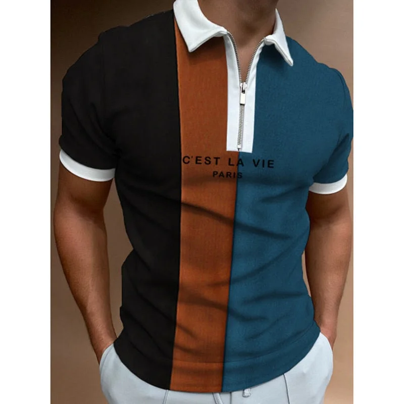 Aonga New Luxury Men's Clothing Polo Shirts Streetwear Color Print Casual Short Sleeve Tee Shirt Men Turn-Down Collar Zipper Polo Tops