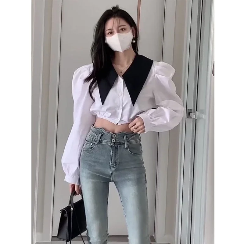 Peneran Women Cropped Blouses Vintage Elegant Chic Puff Sleeve White Shirts Korean Style Casual Cute Tops Black Female Fashion