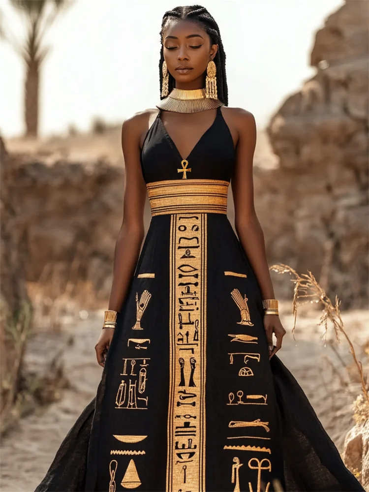 Elegant Ankh Golden Ancient Egyptian Art Linen Maxi Dress