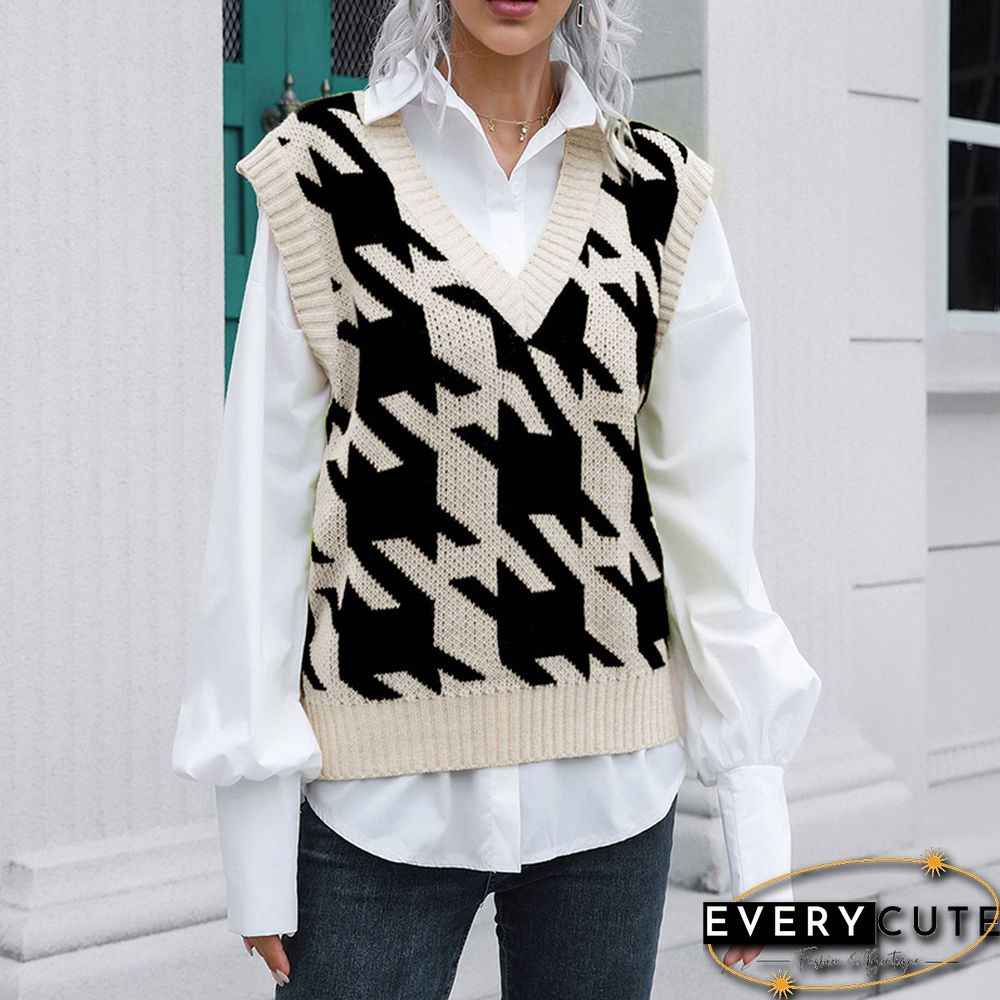 Houndstooth V-neck Vest Sweater Women's Tank Tops Outer Wear Inner Autumn And Winter Knitted Sweaters New Sweater
