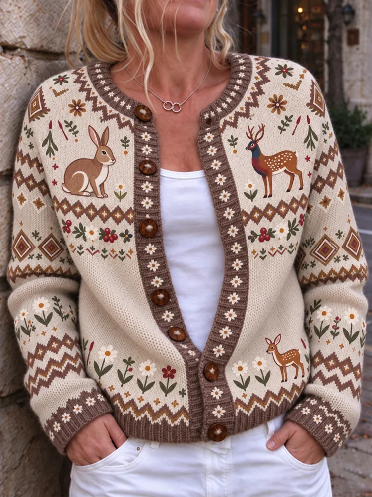 Comstylish Women's Hippie Western Hunting Season Rabbit, Deer, And Plant Pattern Color-block Sweater Cardigan