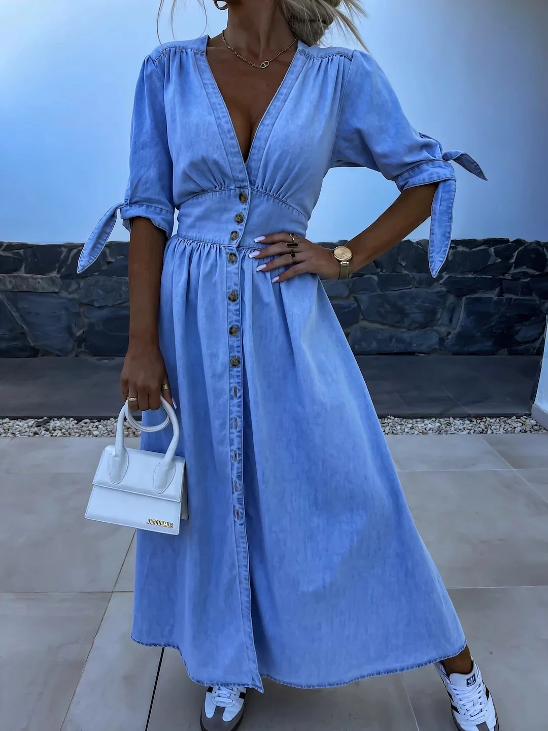 Women's Sexy V-neck Long Button Denim Dress