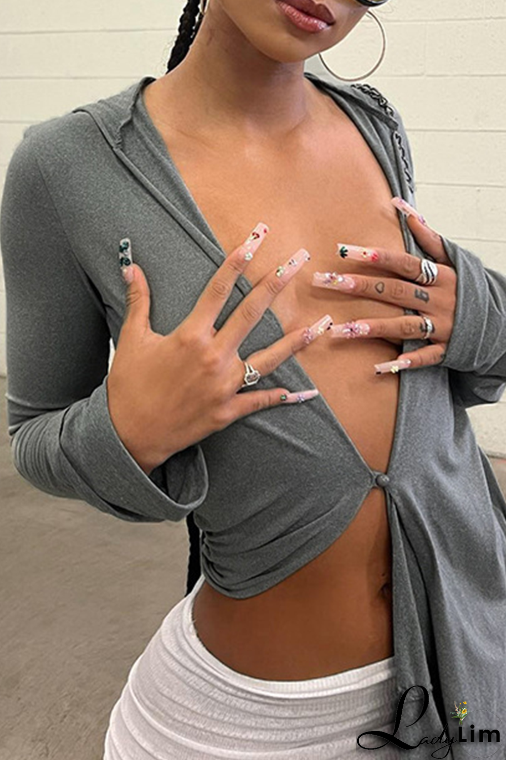 Grey Casual Solid Patchwork Hooded Collar Tops