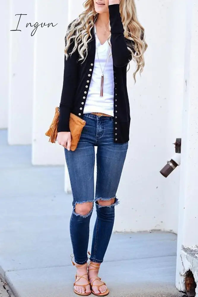 Ingvn - Long Sleeves Buttons Design Cardigan(7 Colors) S / Black Cardigan