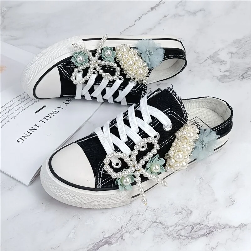 Qengg 2022 Spring Summer Fantasy Fashion DIY Flower Beaded Flat Slippers Ladies Casual Canvas Vulcanized Shoes Heelless Slip-on Shoes