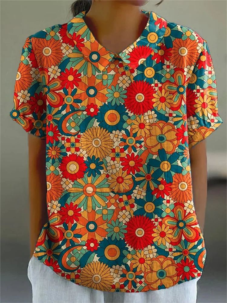 Women's  Flower  Art Print Casual Cotton And Linen Shirt