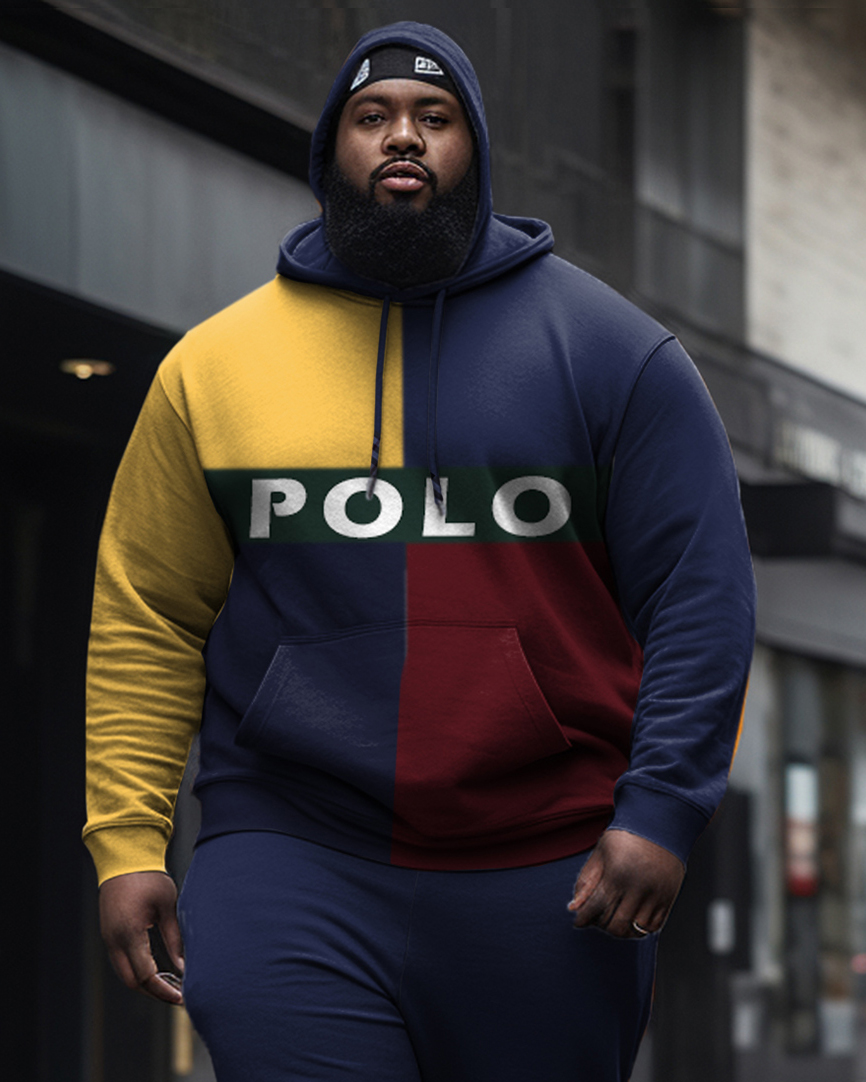 Men's Plus Size Color Block Casual Sports Hoodie Long Sleeve Color Block Two Piece Set