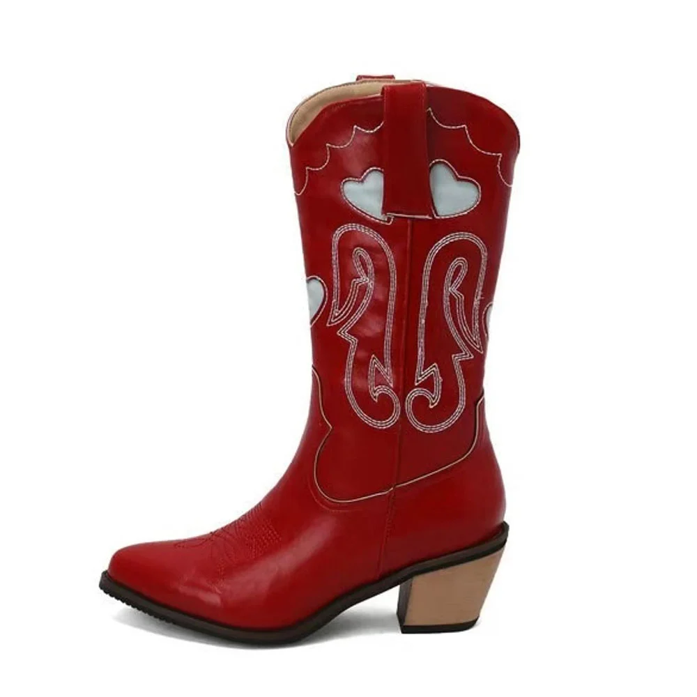 Red Faux Leather Embroidered Western Boots for Women with Heart Inlay