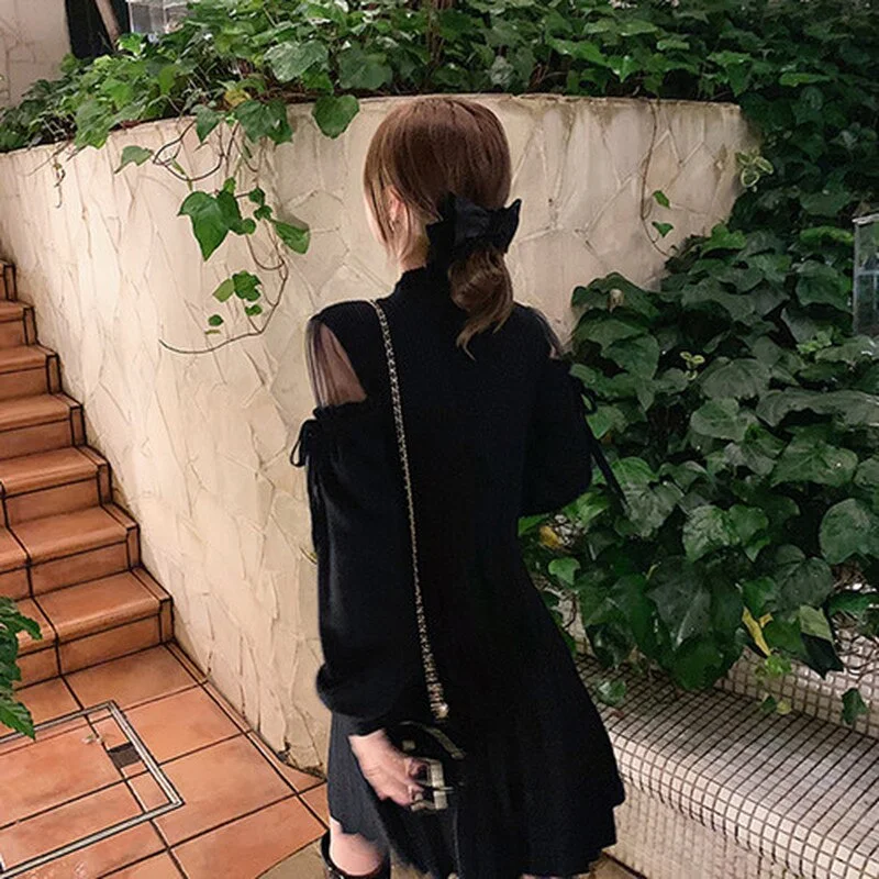 Autumn Winter New Half-Collar Mid-Length Knitted Dress Women Solid Sexy Mesh Stitching Off-Shoulder Long Sleeve Bow Dress 11735