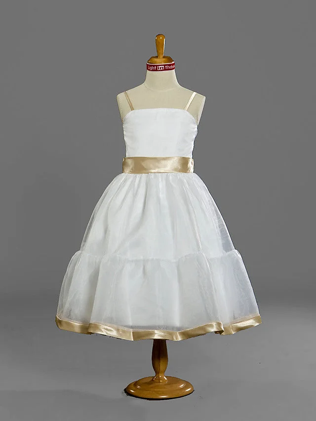 Princess / A-Line Spaghetti Strap Tea Length Organza Junior Bridesmaid Dress With Sash / Ribbon / Spring / Summer / Fall / Winter / Apple