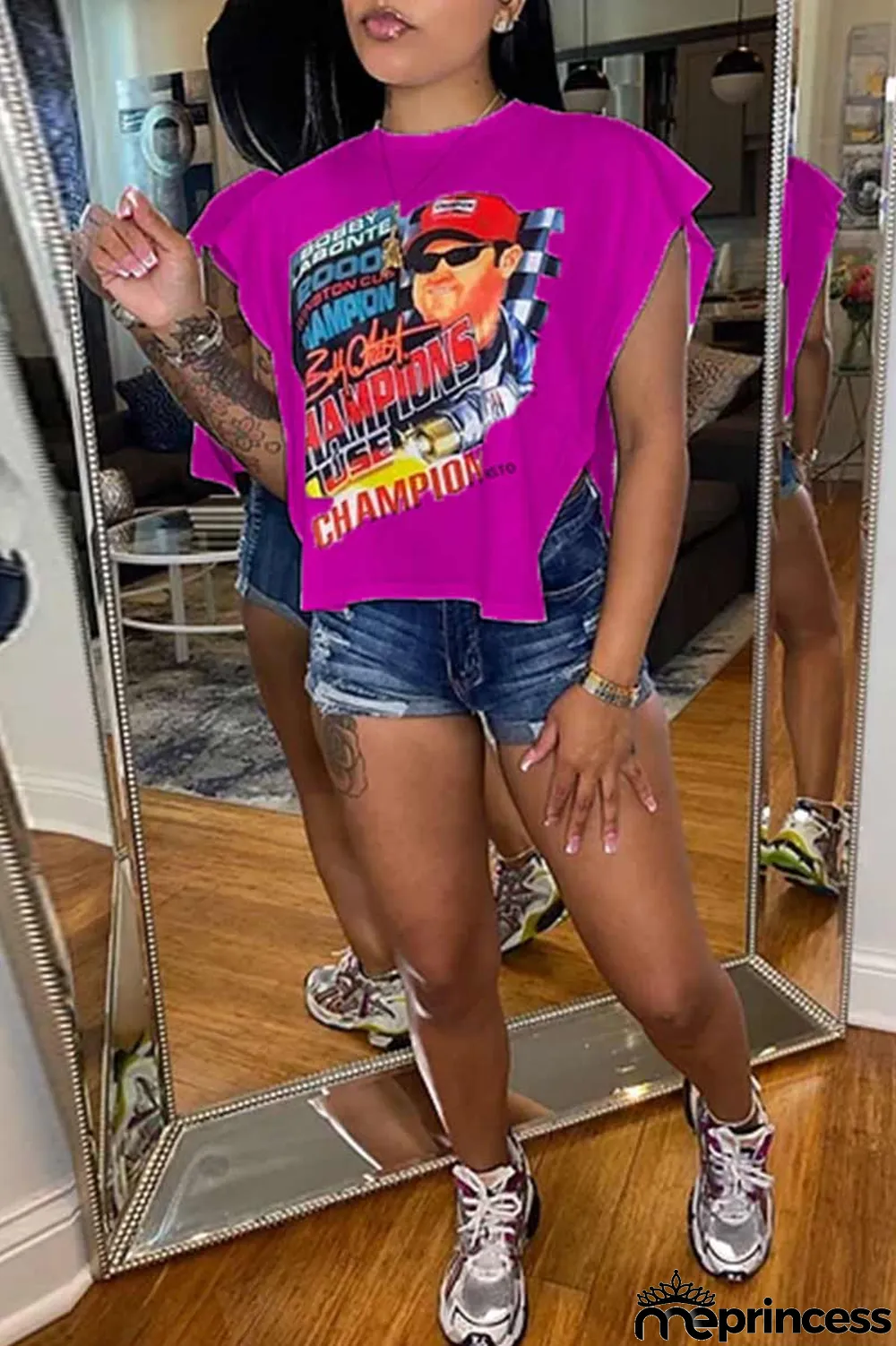 Rose Red Sexy Street Print Patchwork Slit Asymmetrical O Neck T-Shirts