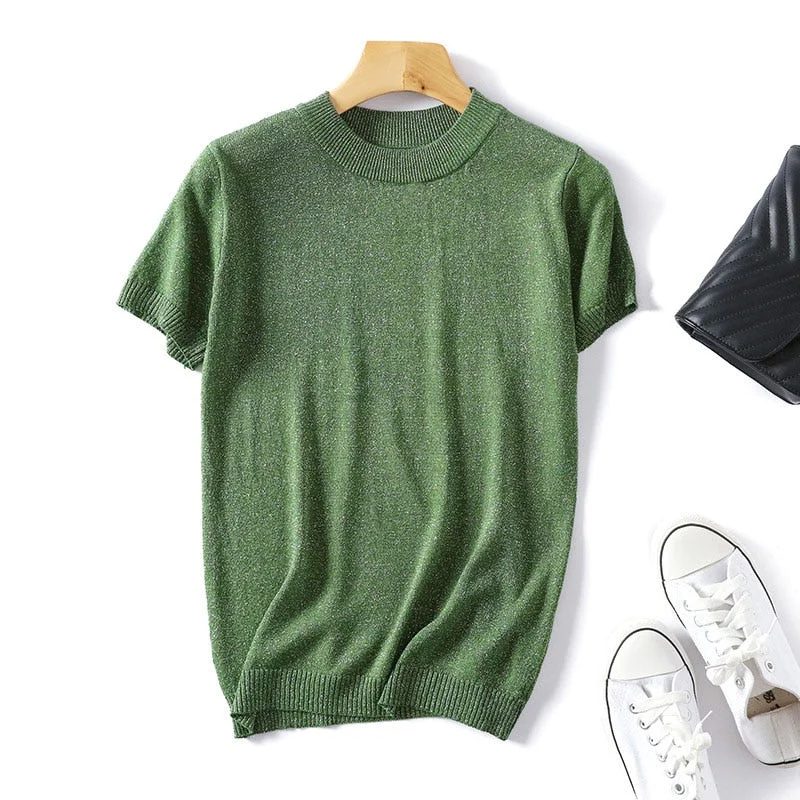 Christmas Gift Shiny Lurex 2023 Spring Summer O Neck Mix Color Patchwork Sweater Women Casual Short Sleeve Pullover Knit Jumper Korean Tops