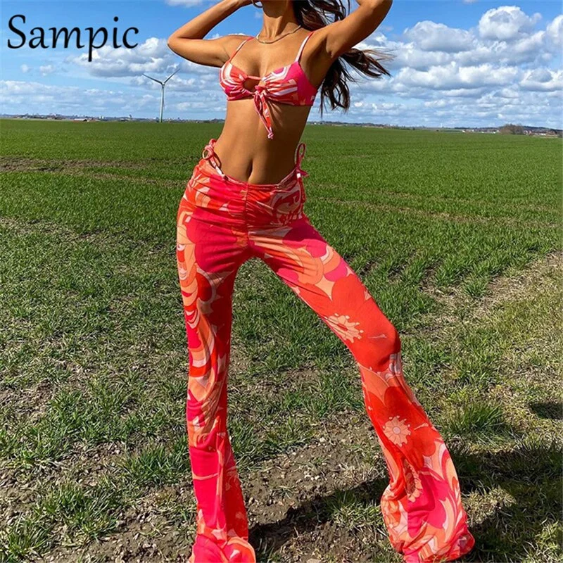 Sampic Y2K Casual Women Lace Up Traksuit Summer Pants Set Print Strap Skinny Tops And Long Wrap Flared Pants Two Piece Set