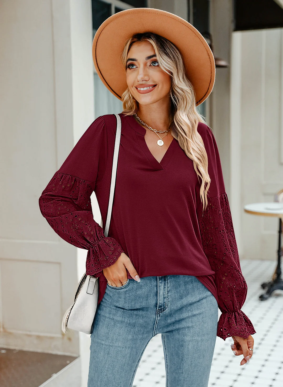 MIHOLL Women V Neck Long Sleeve Shirt Lace Crochet Loose Casual Top Blouse