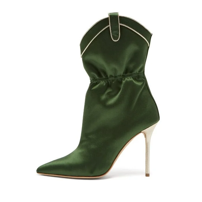 Green Satin Ankle Boots Pointy Toe Stiletto Heel Boots |FSJ Shoes