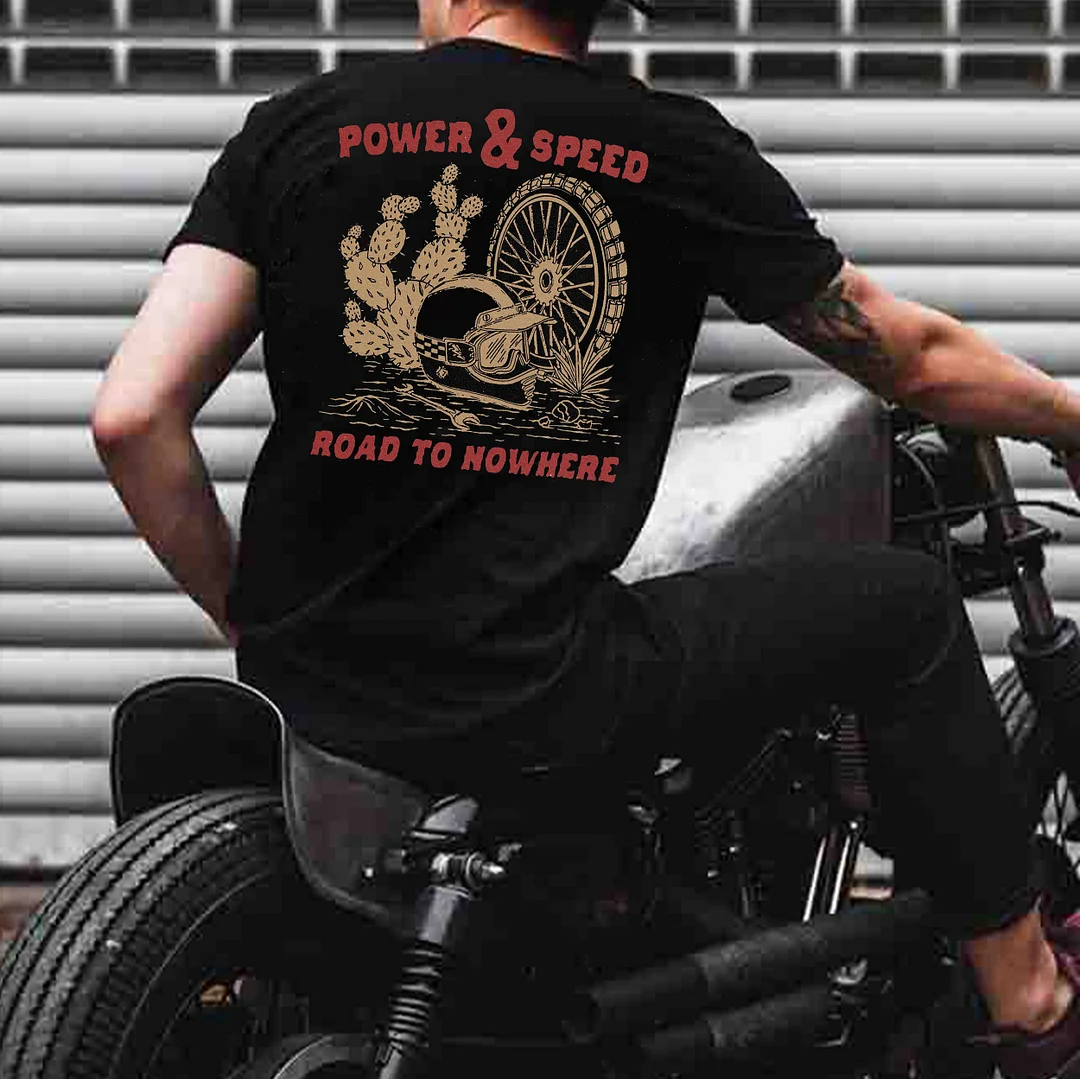 POWER & SPEED Helmet and Wheel Black Print T-Shirt