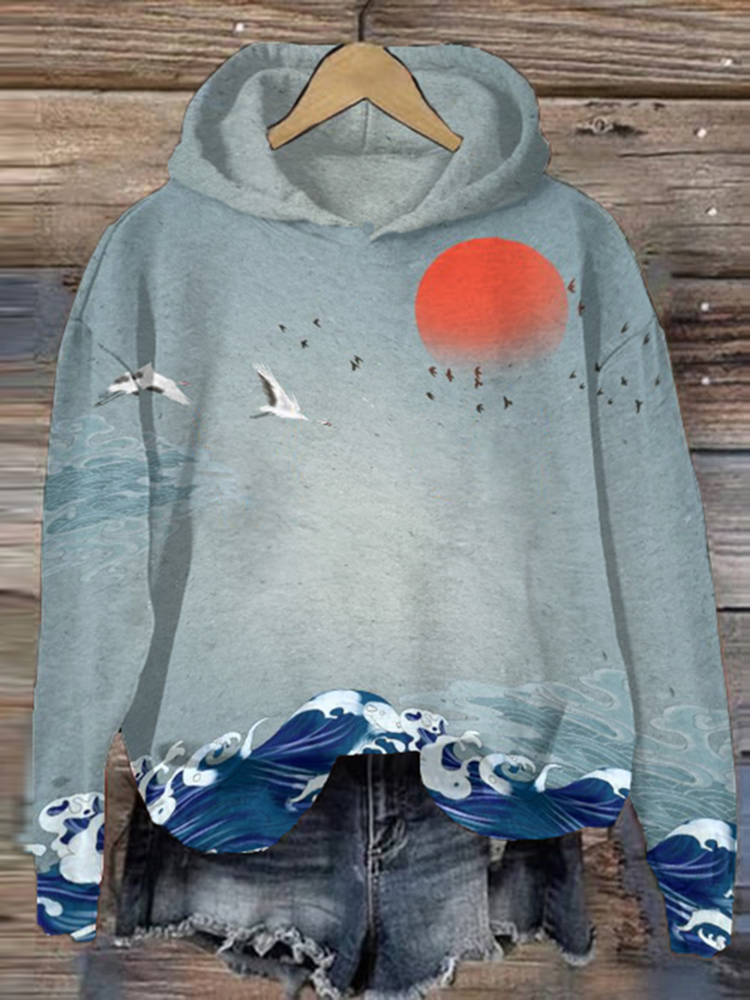 Comstylish Women Japanese Art Sunset Glow Printed Hoodie