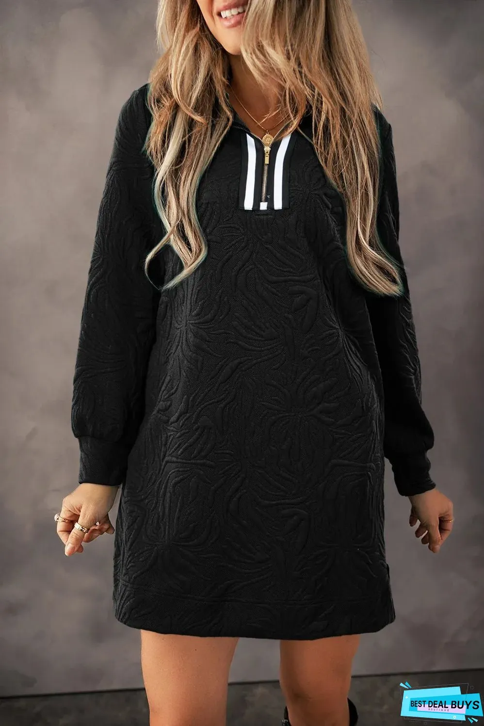 Black Jacquard Textured Quarter Zipper Shift Mini Dress