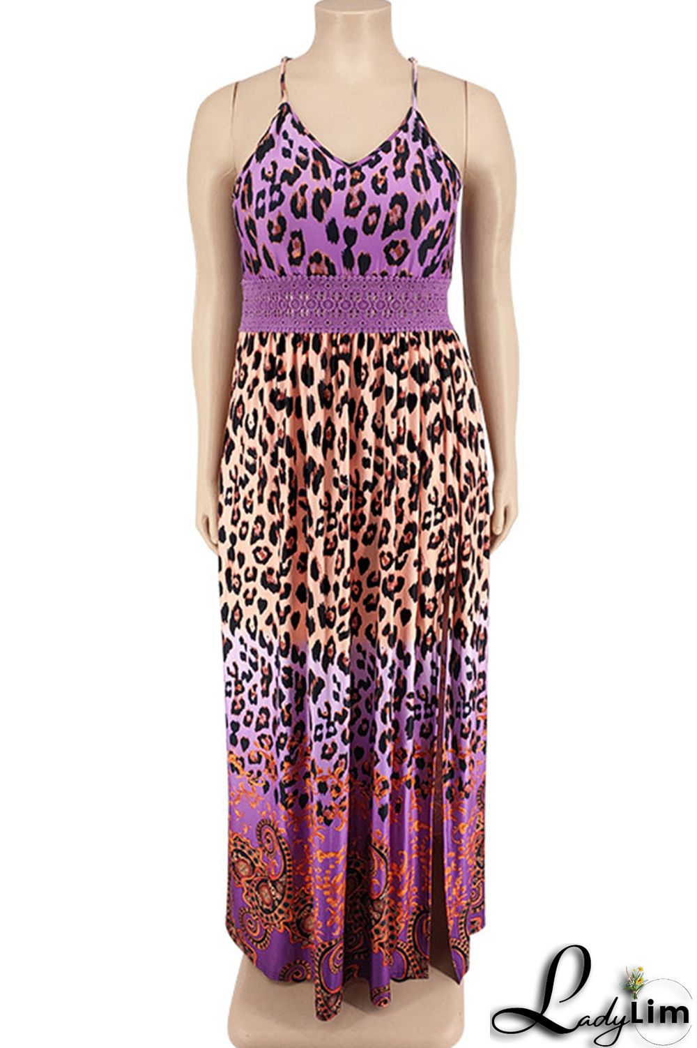 Blue Sexy Print Patchwork Slit Fold Spaghetti Strap Straight Dresses