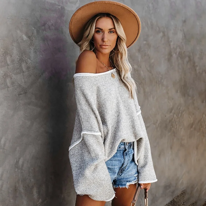 Fitshinling Vintage Oversized Sweater Women Patchwork Loose One Shoulder Jumper Knitwear Fashion Casual Pullover Winter Tops New