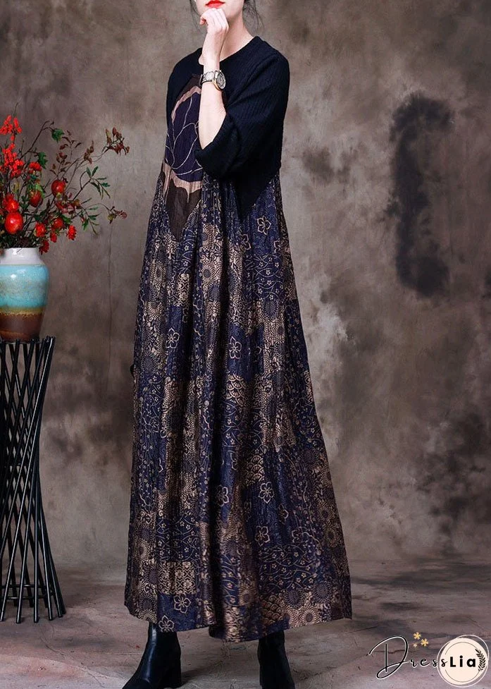 Stylish Purple O-Neck Asymmetrical Patchwork Print Silk Dress Long Sleeve