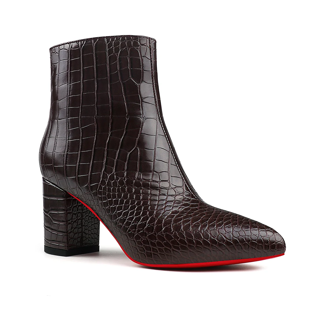 75mm Women's Pointed Toe Red Bottoms Boots Chunky Block Heel Ankle Boots Croc Booties-MERUMOTE